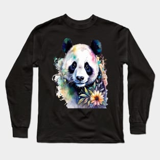 Fantasy, Watercolor, Panda Bear With Flowers and Butterflies Long Sleeve T-Shirt